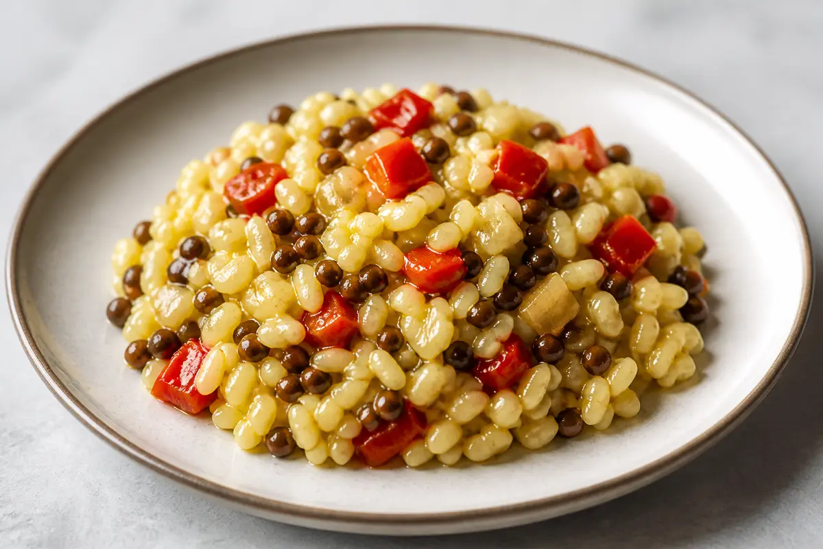 Arroz meloso de pimiento rojo asado, lentejas beluga y alioli suave de azafrán