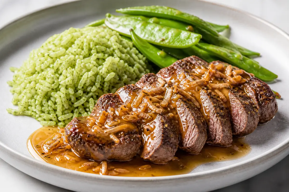 Bistec de Res con Salsa de Coco Tostado y Jengibre, Arroz de Jazmín Verde y Chícharos Salteados
