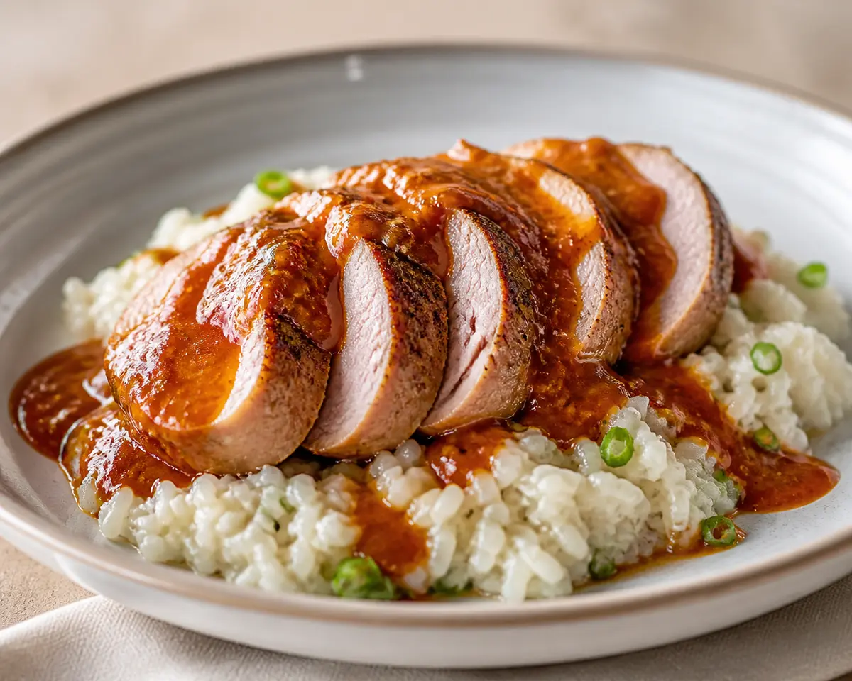 Pork Tenderloin with Choricero Pepper and Fennel Sauce over Creamy Scallion Rice