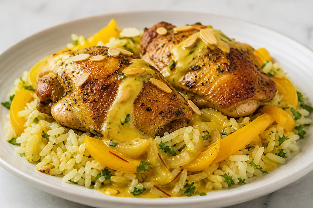 Roasted Chicken with Yellow Pepper, Saffron and Almond Sauce over Herbed Rice