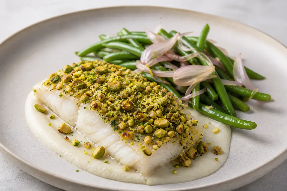 Baked Grouper with Herb-Pistachio Crust, Celeriac Cream, and Warm Green Bean Shallot Salad
