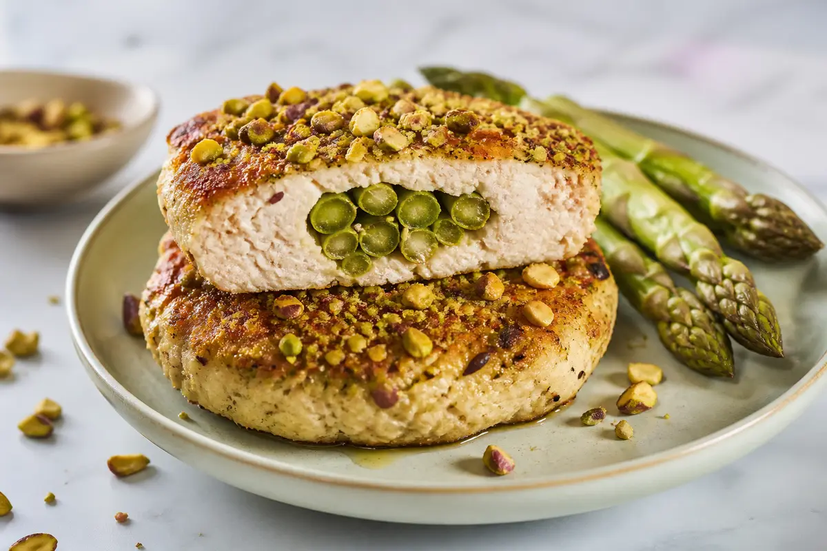 Turkey and Skyr Cakes with Asparagus Center and Pistachio Crust
