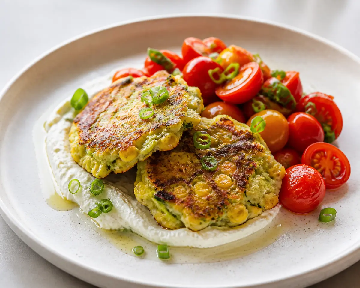 Golden Corn and Zucchini Fritters with Whipped Feta Cream and Warm Cherry Tomato Salad