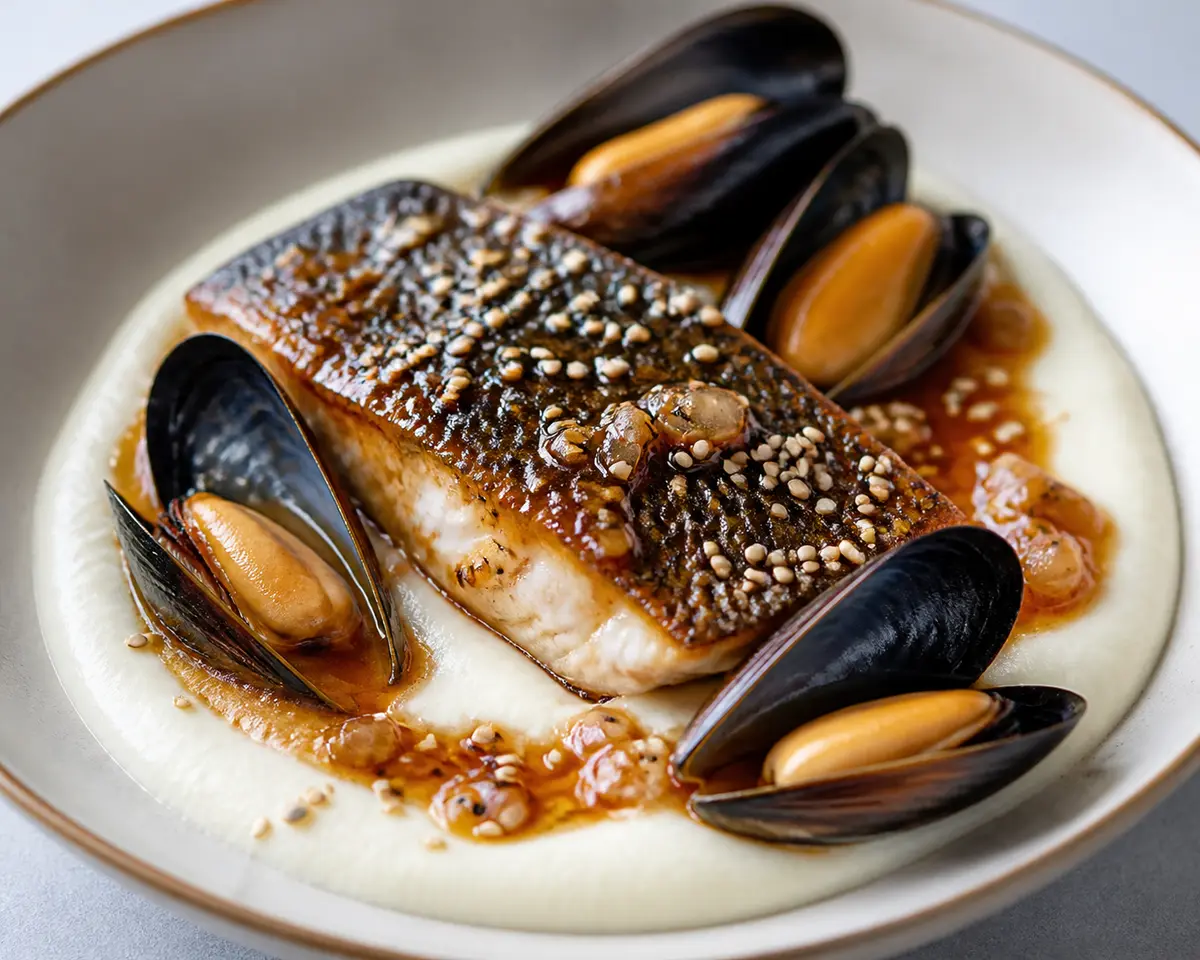 Lubina glaseada al tamarindo con mejillones, crema de colinabo y semillas de sésamo tostado