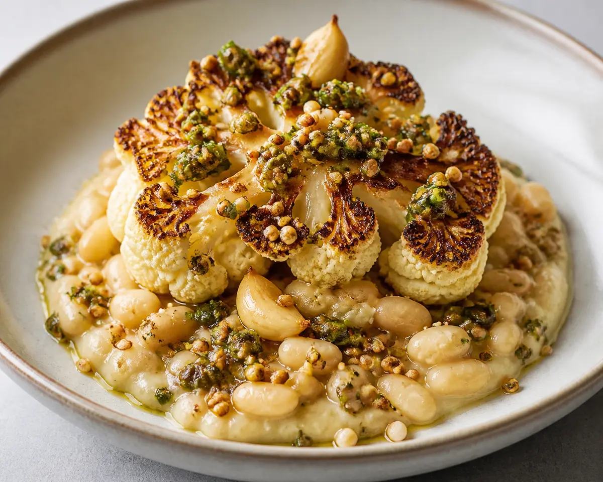 Roasted Cauliflower over Creamy White Beans with Confit Garlic, Green Caper Sauce and Crispy Buckwheat