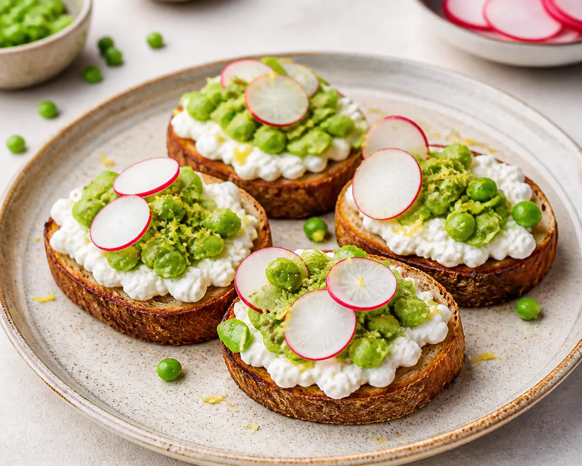 Tostadas exprés de requesón al limón con guisantes machacados y rabanitos crujientes