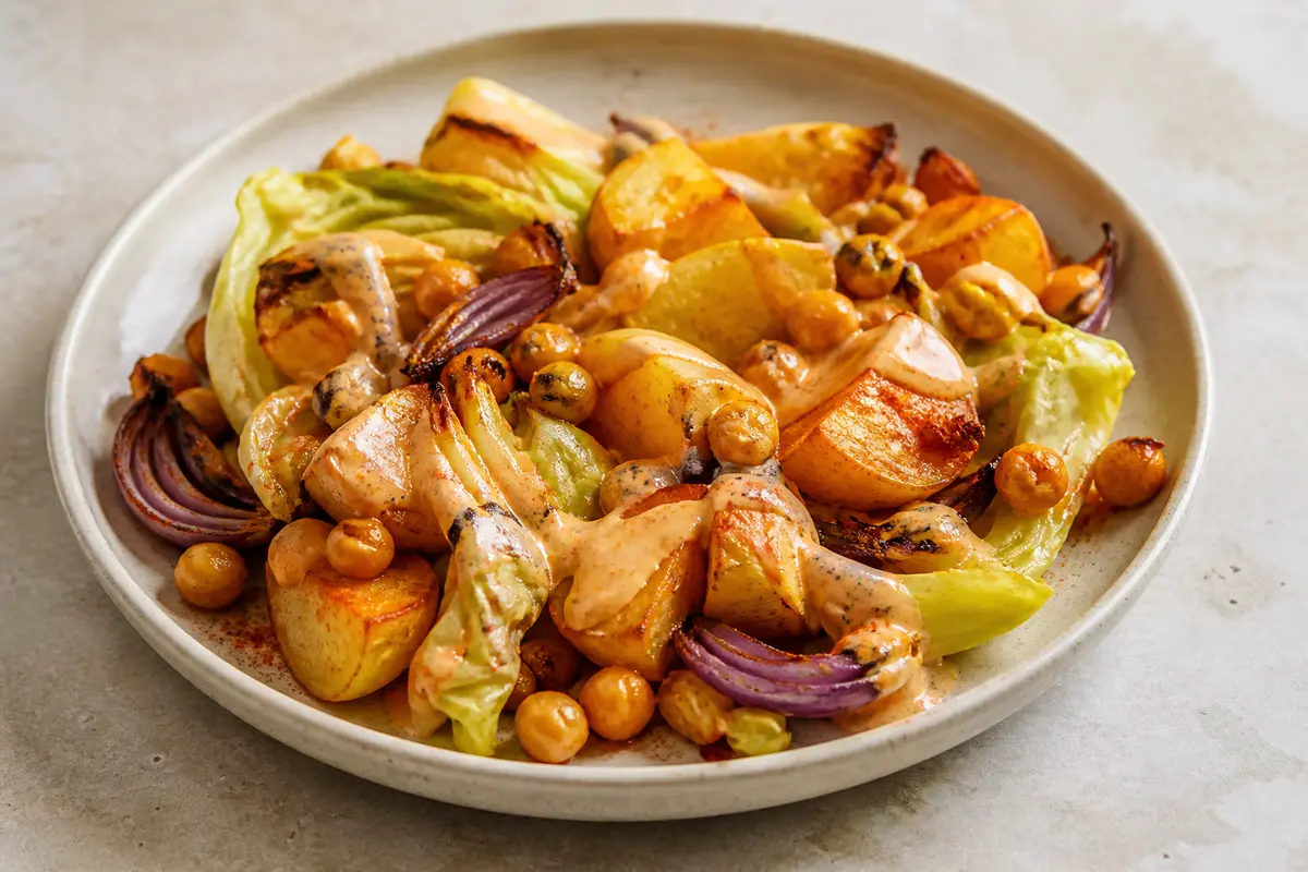 Budget Potato, Cabbage and Chickpea Traybake with Paprika Cream