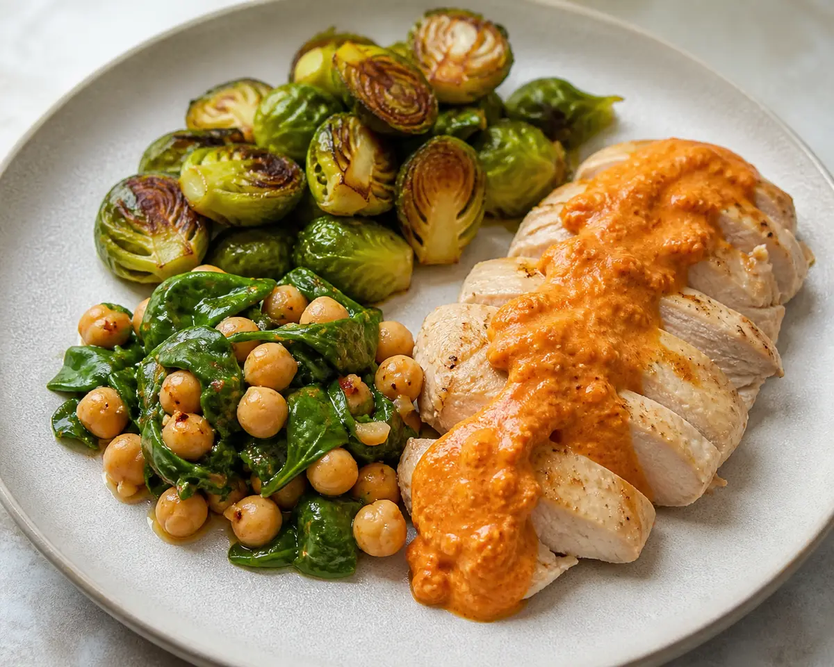 Pollo al romesco ligero con coles de Bruselas asadas y ensalada tibia de garbanzos y espinaca
