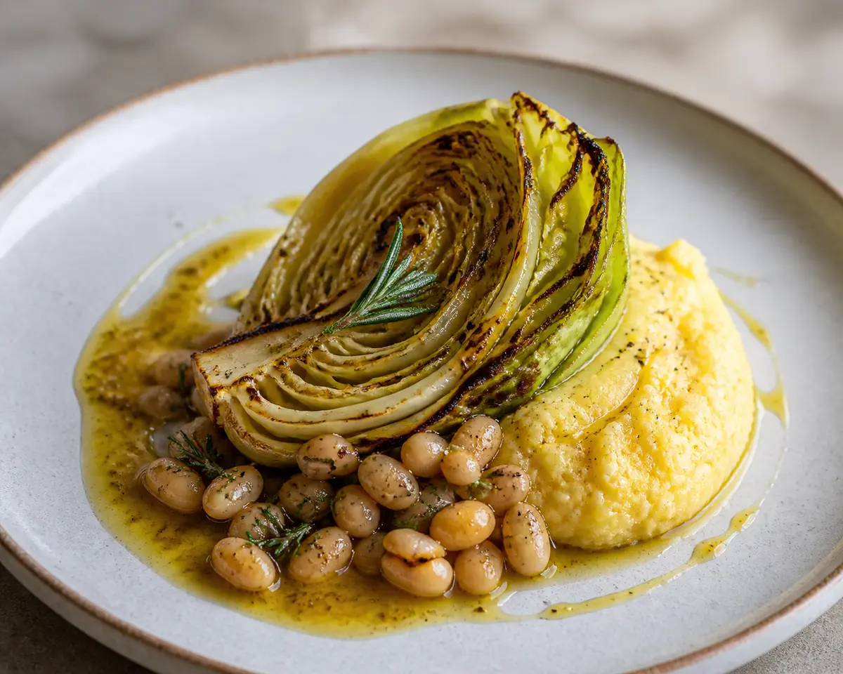 Roasted Cabbage Wedges with Rosemary White Beans, Soft Polenta, and Warm Apple Mustard Vinaigrette