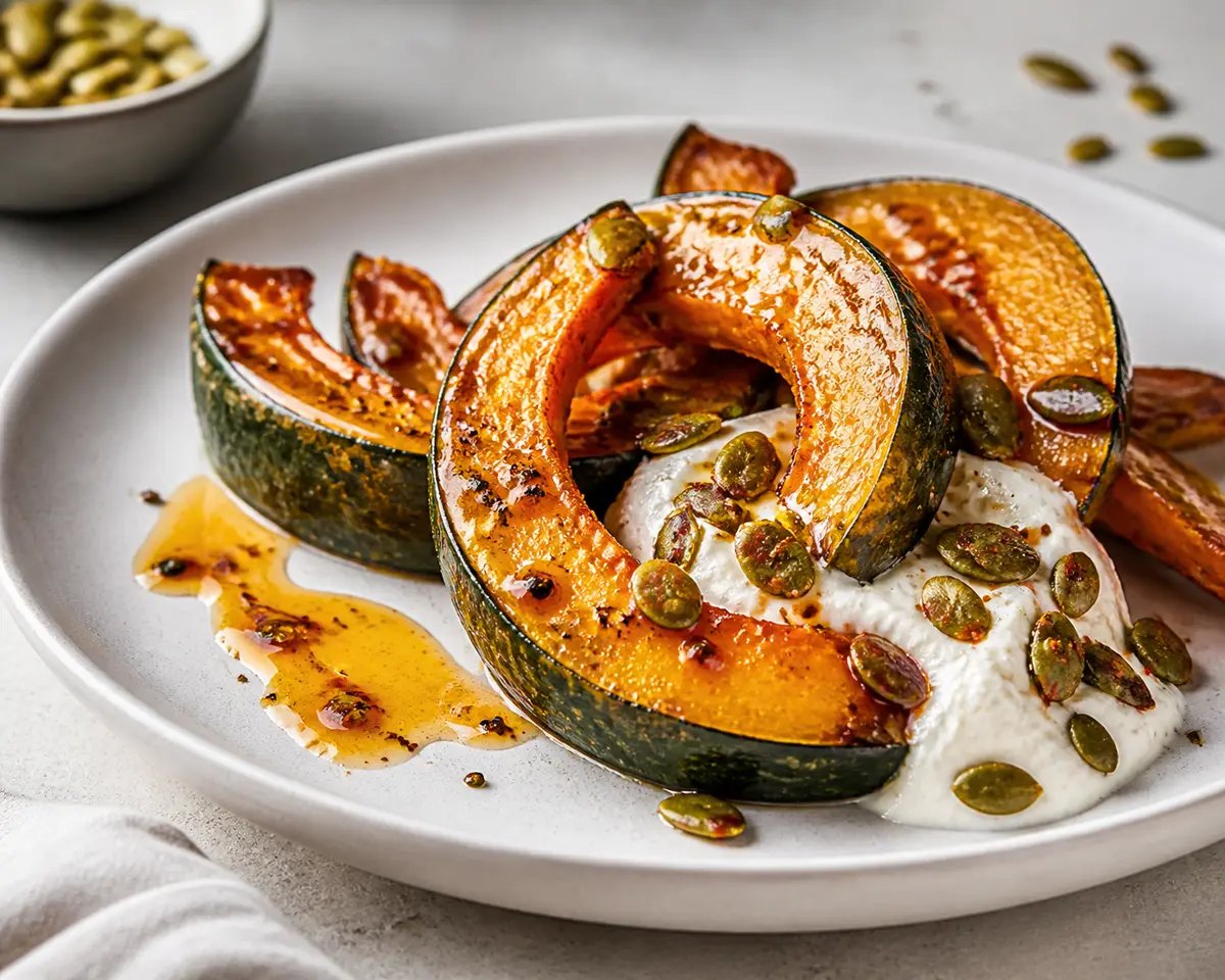 Gajos de calabaza kabocha en Air Fryer con miso-miel, crema de feta y pepitas al chile