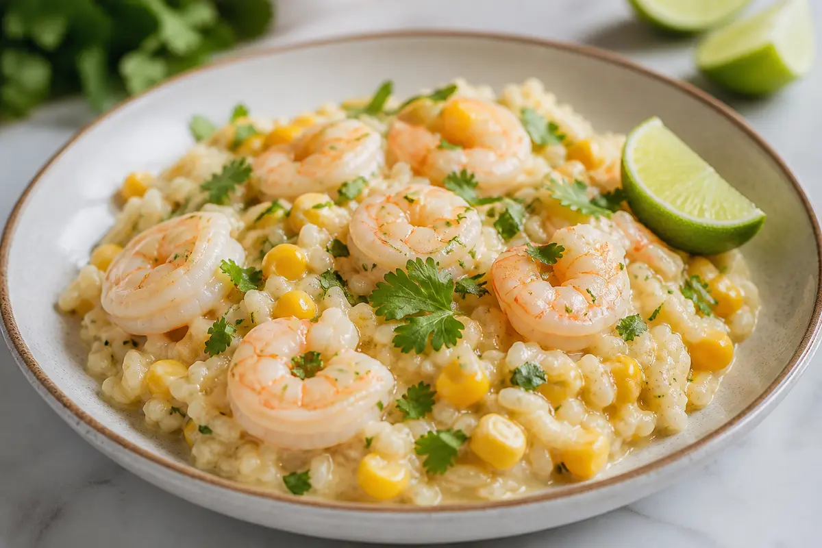 Quick Creamy Rice with Shrimp, Toasted Corn and Lime with Cilantro