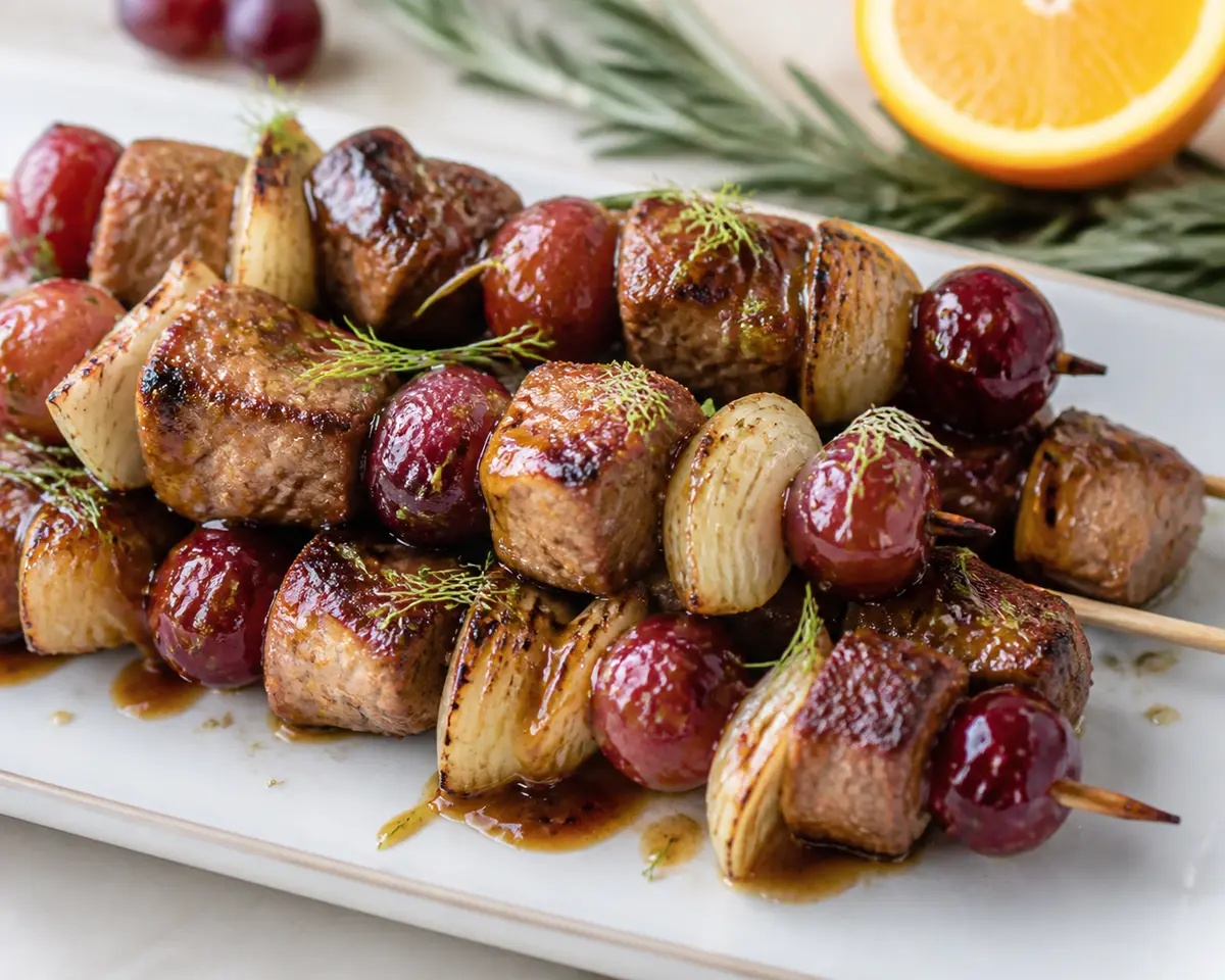 Grilled Pork Skewers with Fennel, Red Grapes, and Rosemary Balsamic Orange Glaze