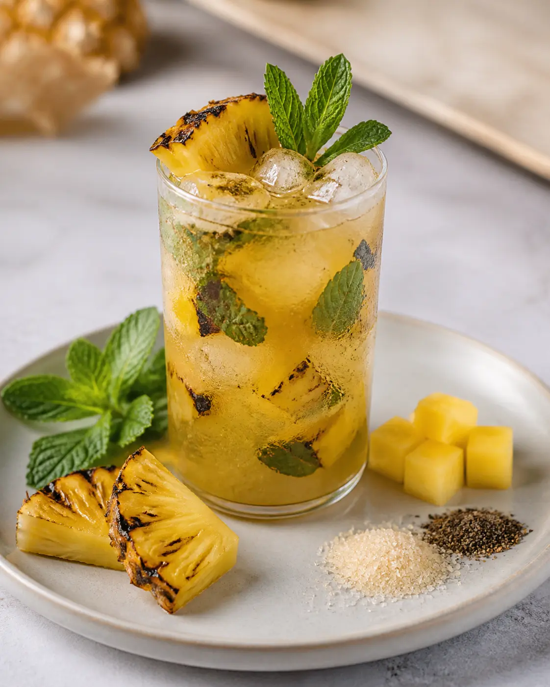 Tónico helado de piña tatemada, lima negra y hierbabuena con agua mineral