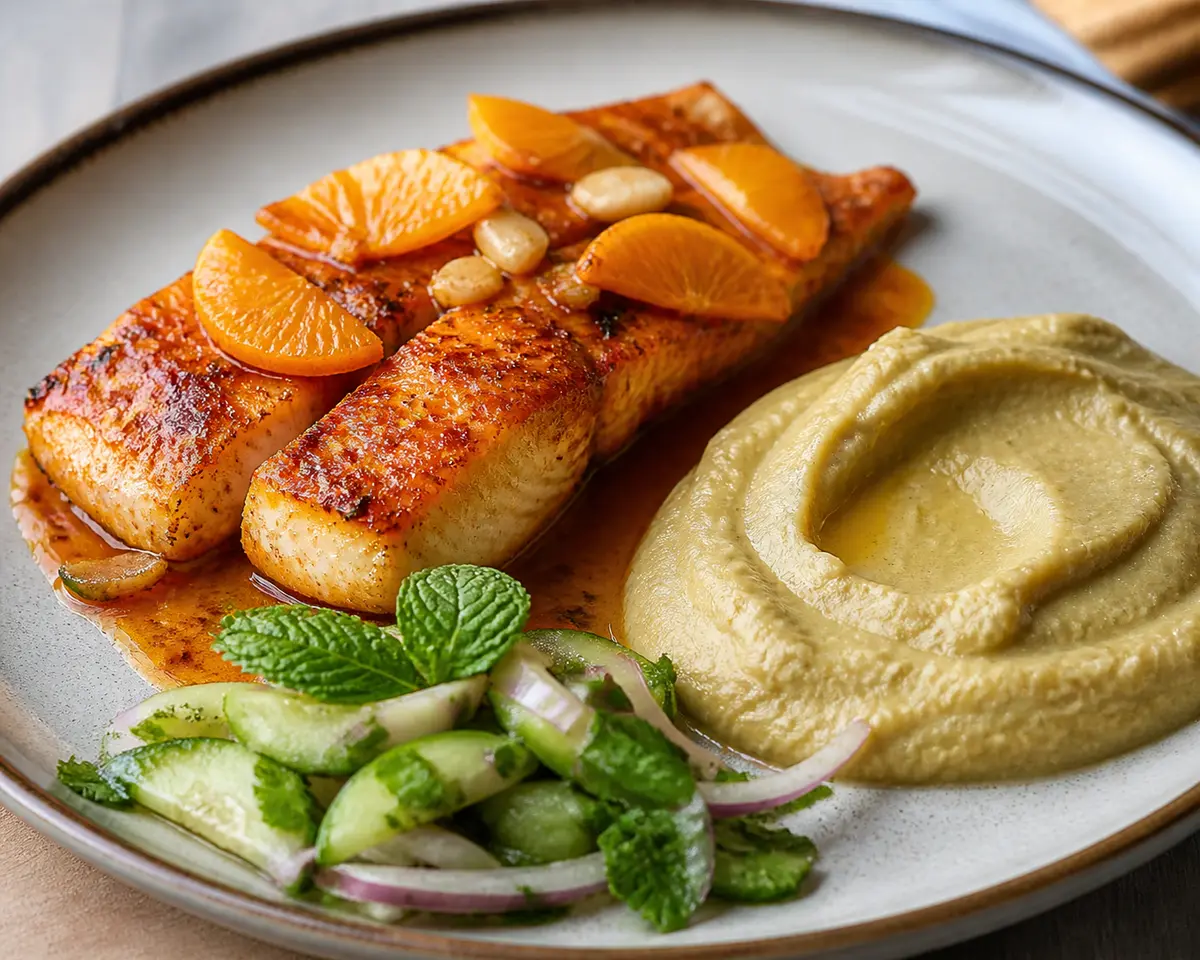 Pescado Caribeño en Adobo de Naranja y Achiote con Puré de Plátano Verde y Ensalada de Pepino y Menta