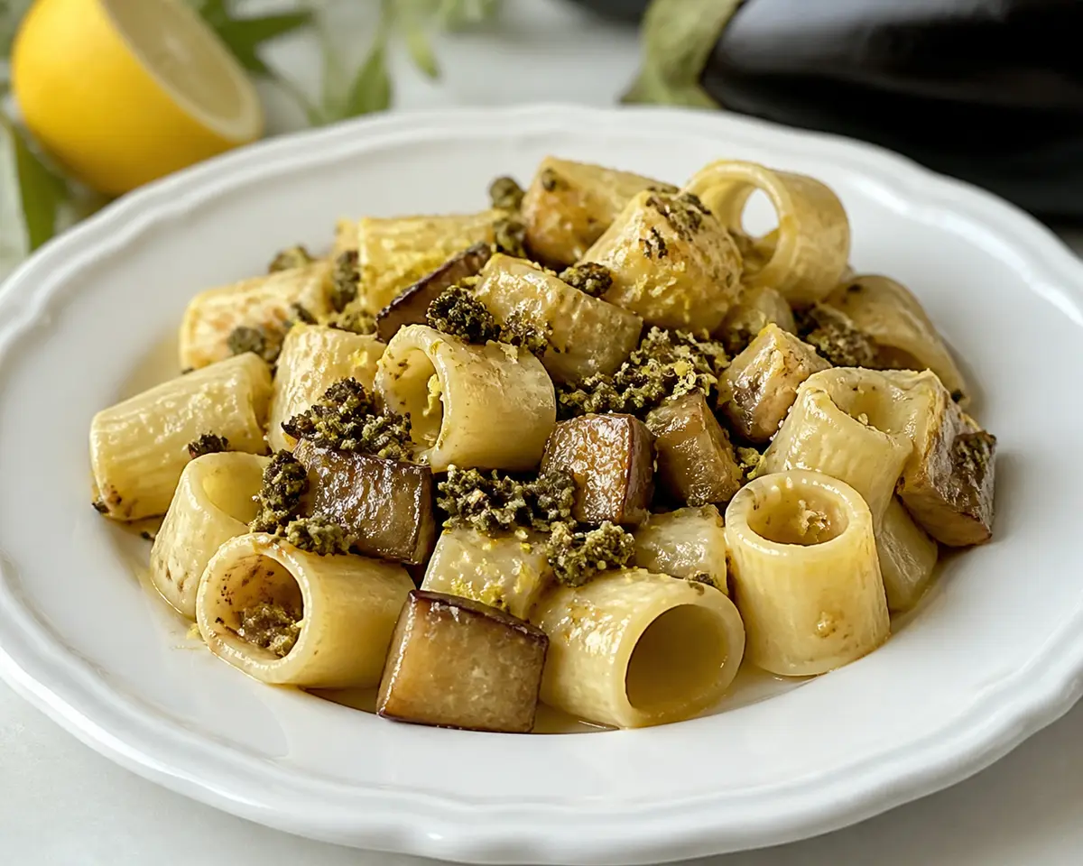 Creamy Calamarata with Golden Eggplant, Lemon and Crispy Capers Crumbs