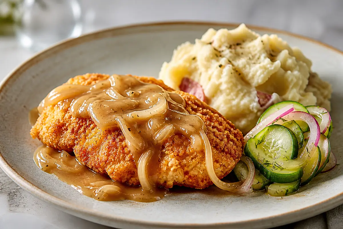 Pollo crujiente con costra de cornflakes y gravy de cebolla dulce, con puré rústico de papa y ensalada tibia de pepino encurtido