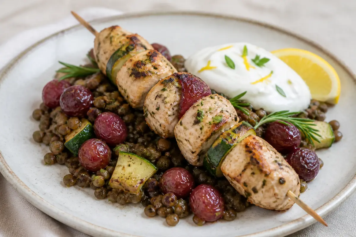 Brochetas Mediterráneas de Pavo al Romero con Ensalada Tibia de Lentejas, Uvas Asadas y Crema de Yogur al Limón