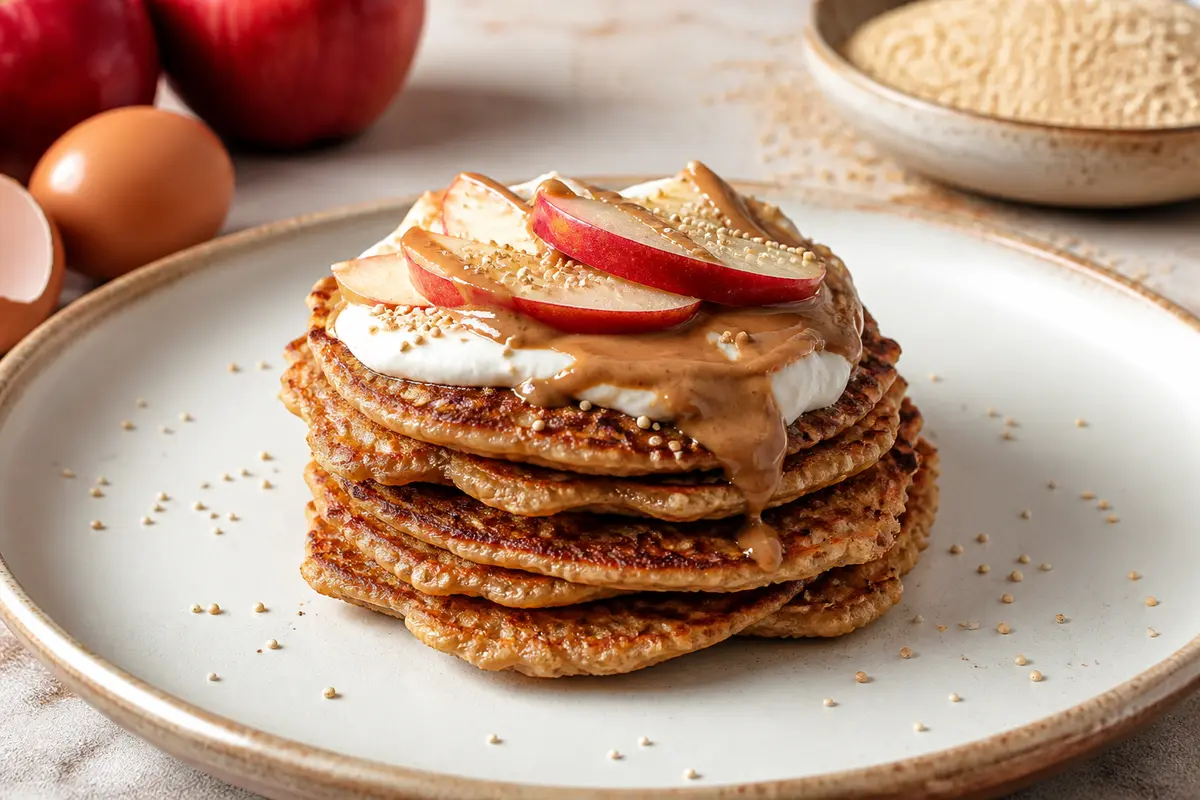 Tortitas Crujientes de Amaranto y Manzana con Crema de Yogur Tostado y Mantequilla de Avellana