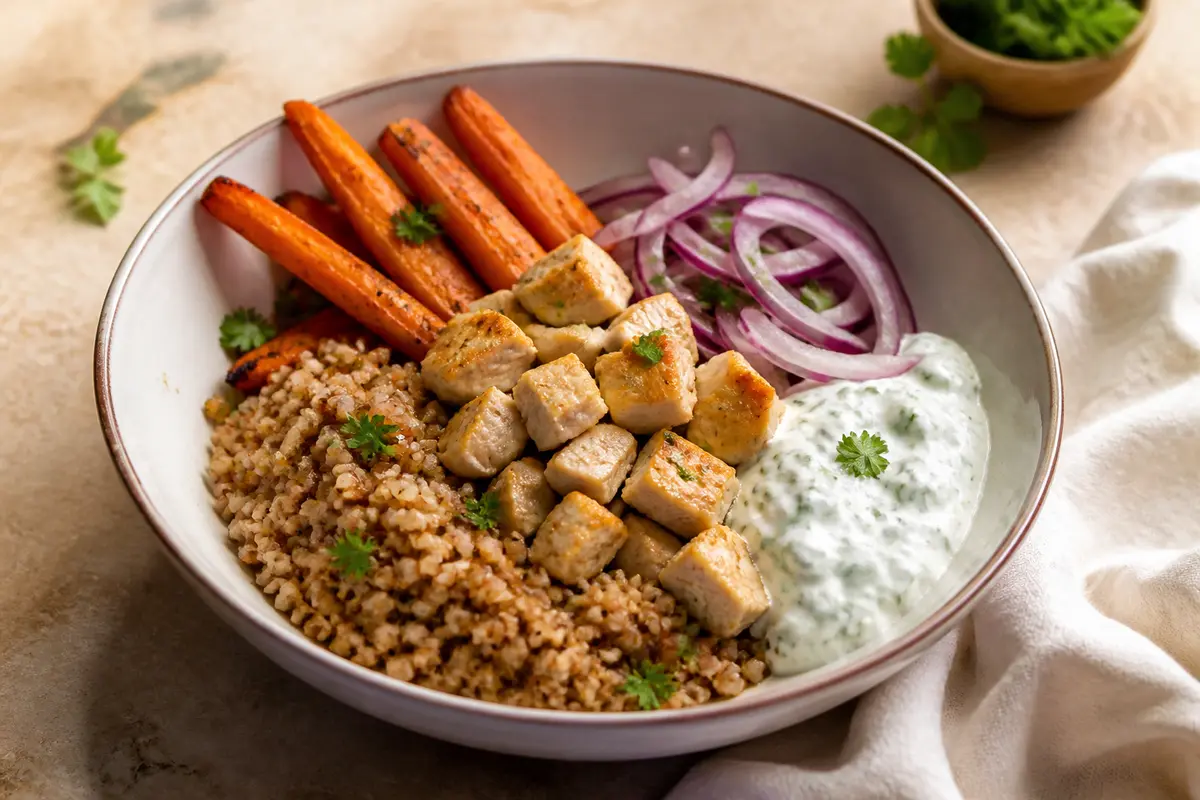 Tazón tibio de pollo al azahar con trigo sarraceno, zanahorias al comino y yogur de hierbas frescas