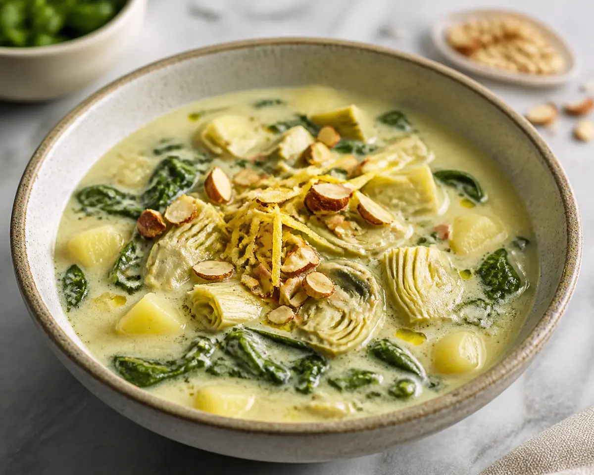 Creamy artichoke, potato and spinach soup with golden lemon and crunchy almonds