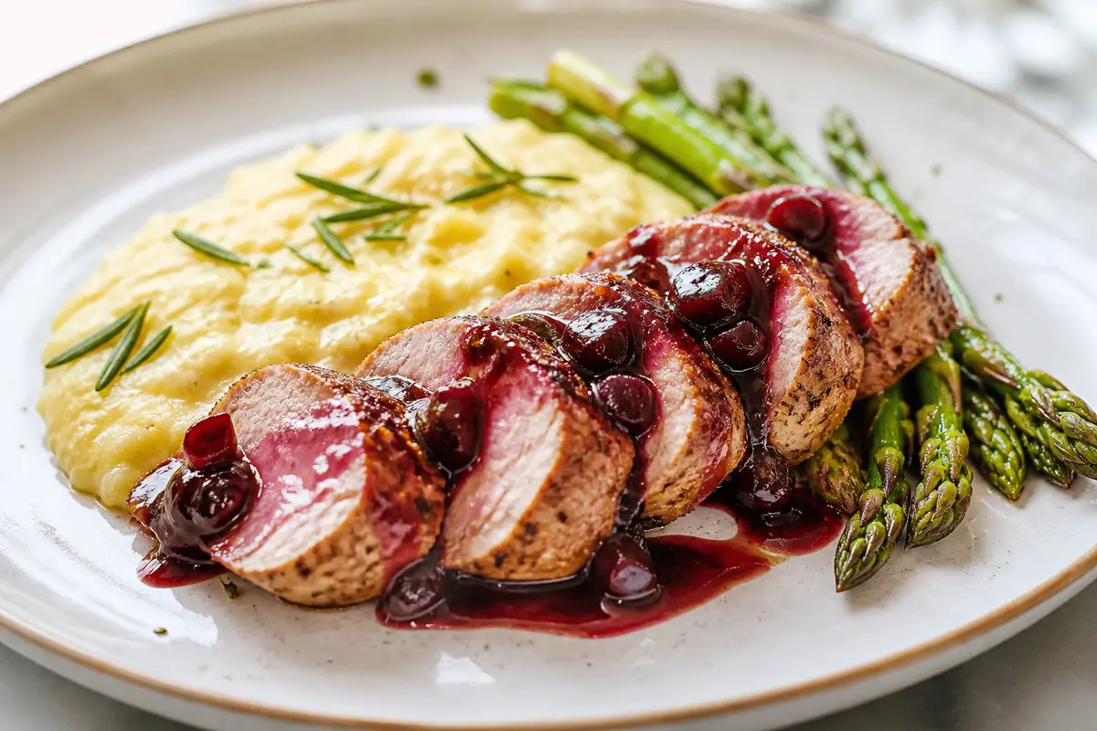 Lomo de cerdo al balsámico de cerezas con polenta cremosa de romero y espárragos salteados