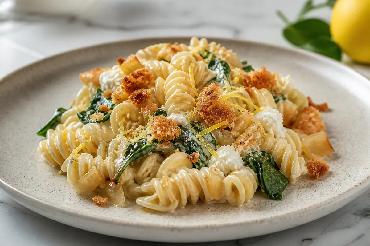 Radiatori cremosa de cebolla asada, espinaca, limón y ricotta con nuez moscada y pan crujiente de parmesano