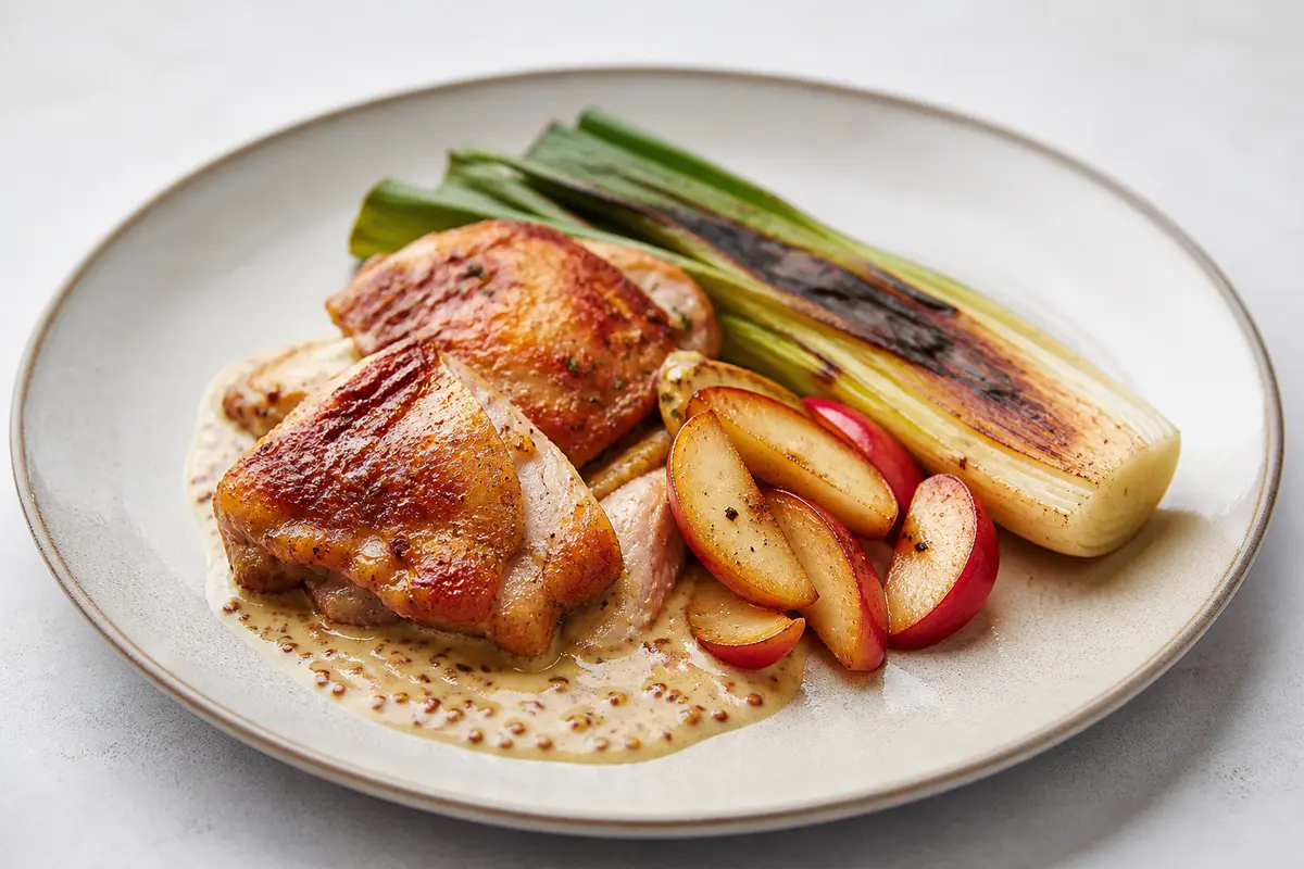 Pollo al horno con salsa de puerro asado, mostaza antigua y manzana salteada