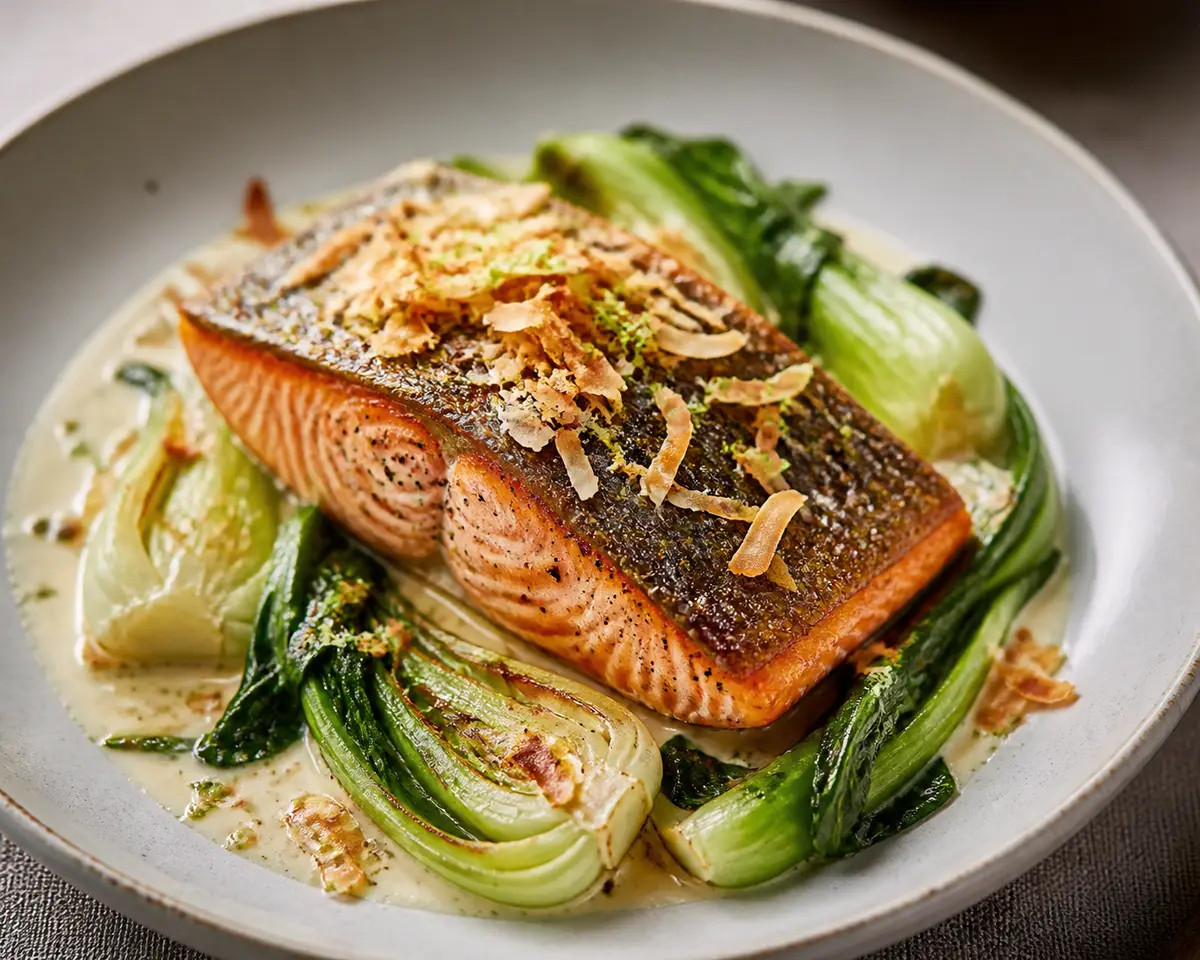 Salmón Keto en Crema de Coco y Lima con Bok Choy Dorado y Crujiente de Coco