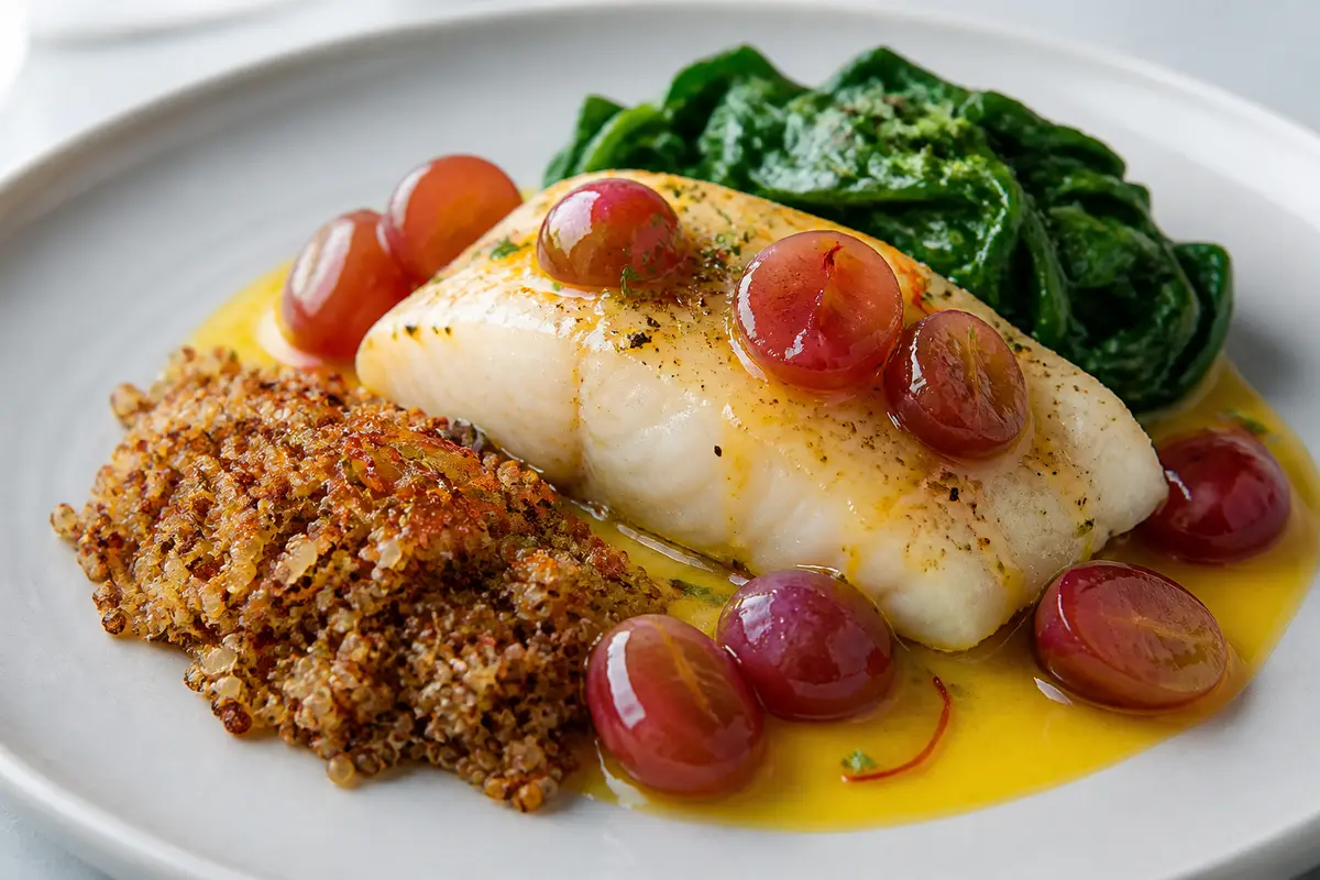 Baked Cod with Warm Saffron Grape Sauce, Crispy Quinoa, and Sautéed Spinach