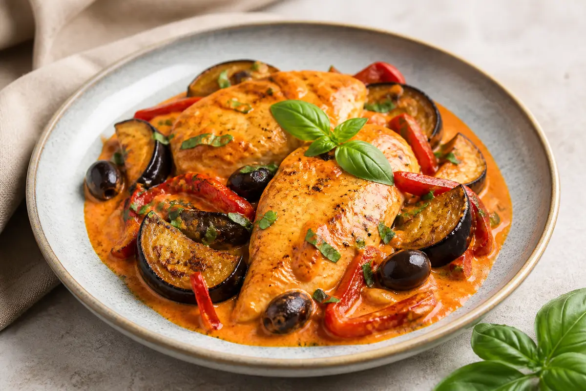 Chicken in Roasted Red Pepper Basil Sauce with Roasted Eggplant and Olives