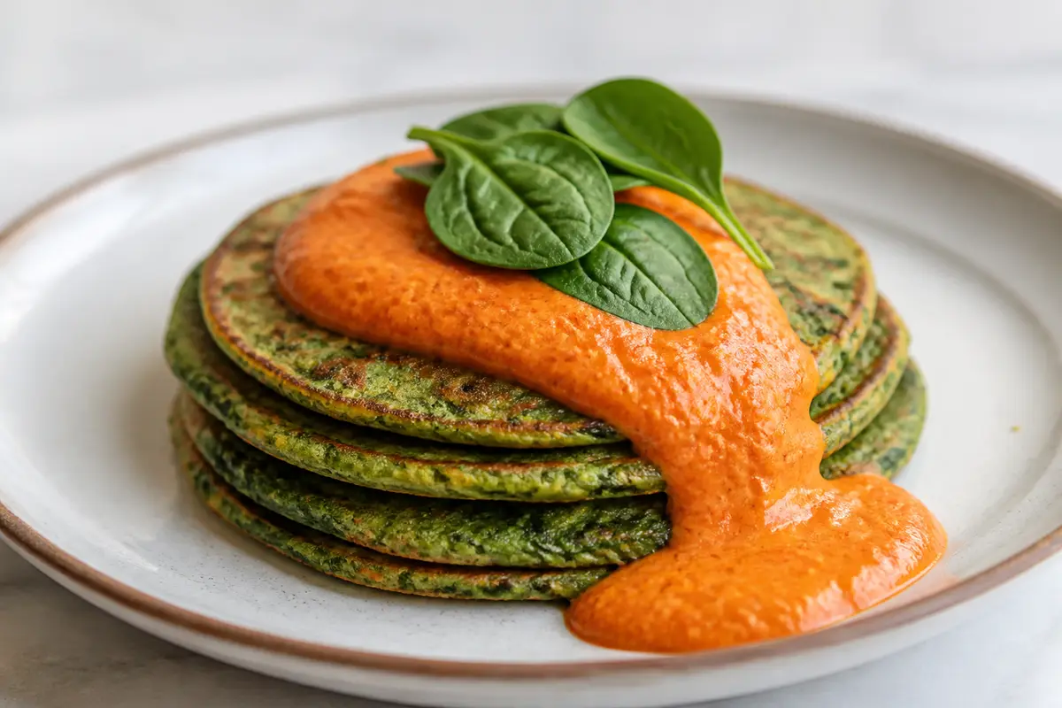 Panqueques de garbanzo y espinaca con crema tibia de pimiento asado y limón