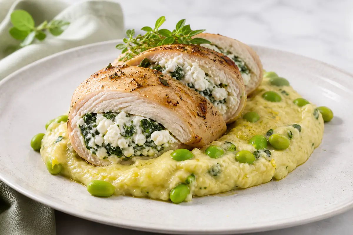Pechuga de Pollo Rellena de Requesón y Hierbas sobre Puré de Coliflor y Edamame al Limón