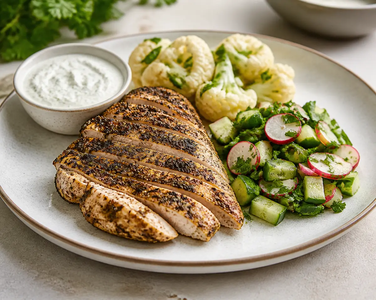 Pechuga de pollo al zaatar suave con tabulé de coliflor, pepino y rábano, y yogur de hierbas