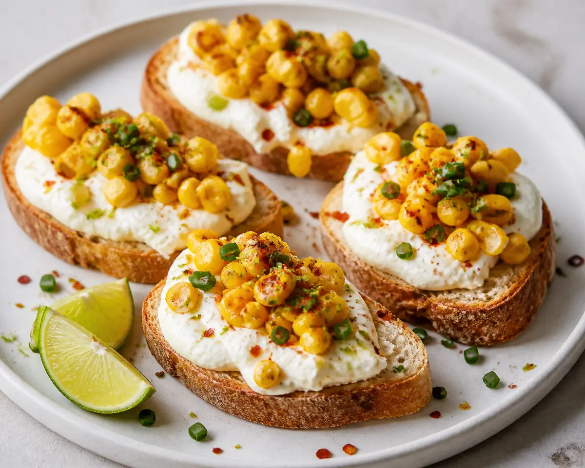 Tostadas exprés de burrata batida con maíz tostado al chile, lima y cebollino