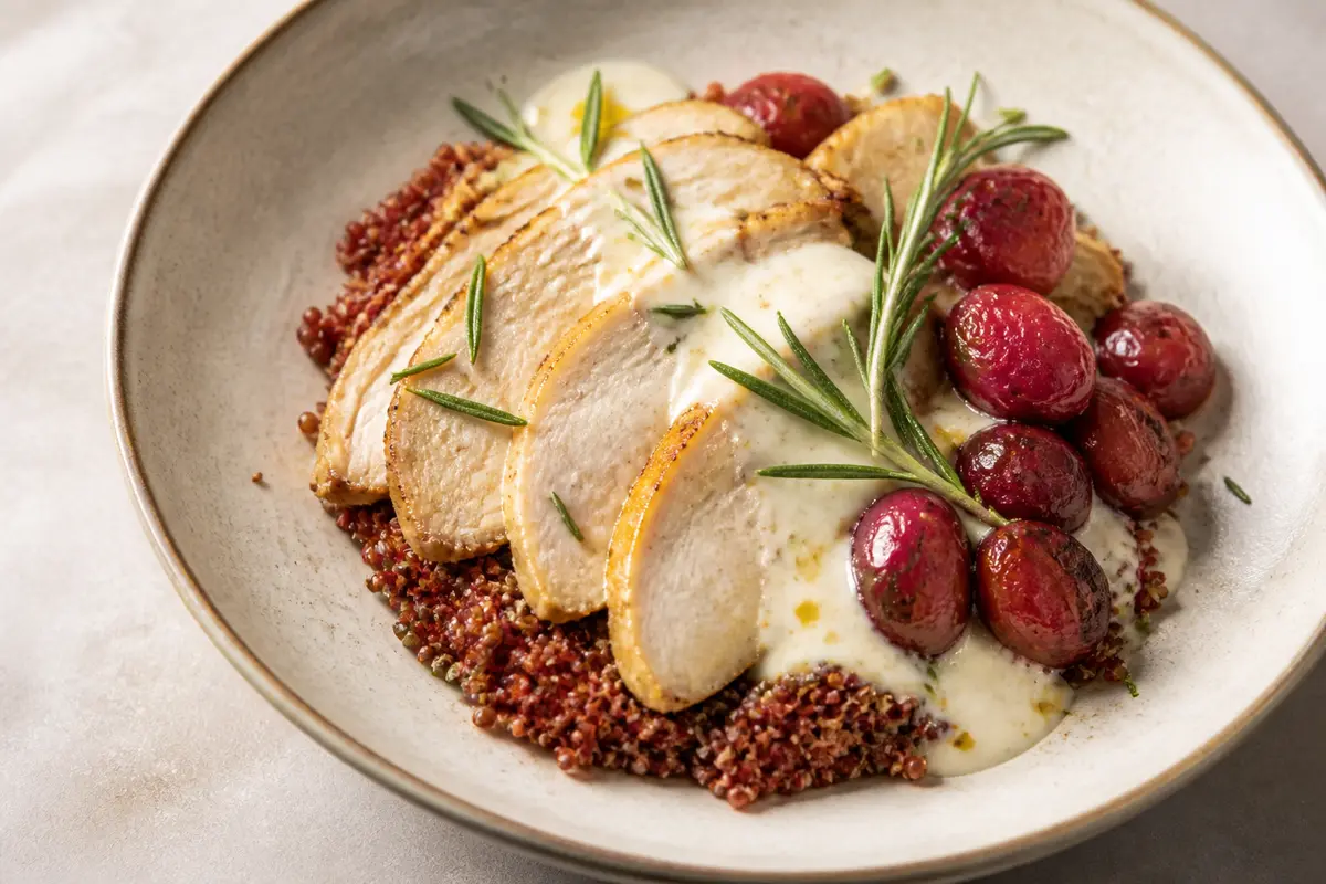 Express Red Quinoa Bowl with Rosemary Turkey, Sautéed Grapes, and Citrusy Tahini Sauce