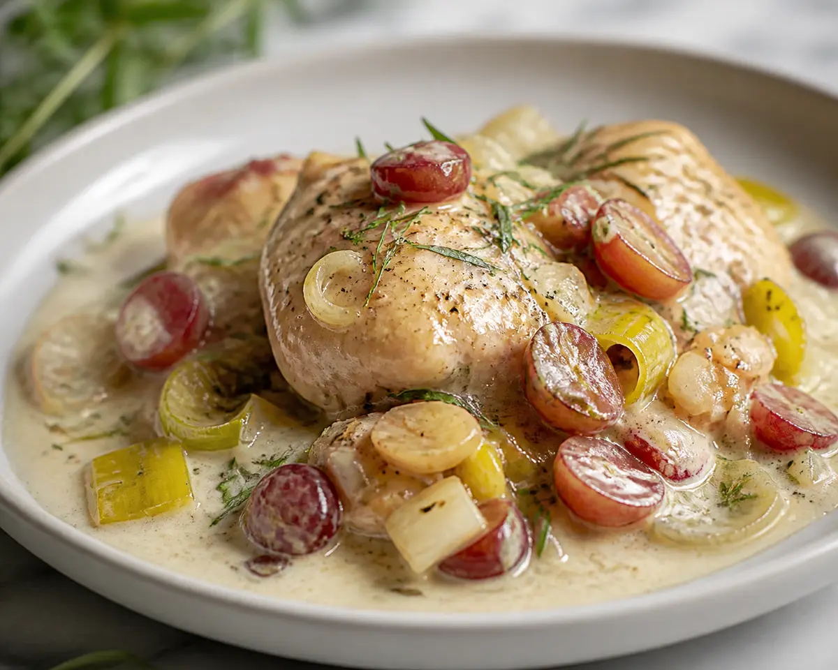 Pollo en slow cooker con puerros, uvas moradas y estragón cremoso