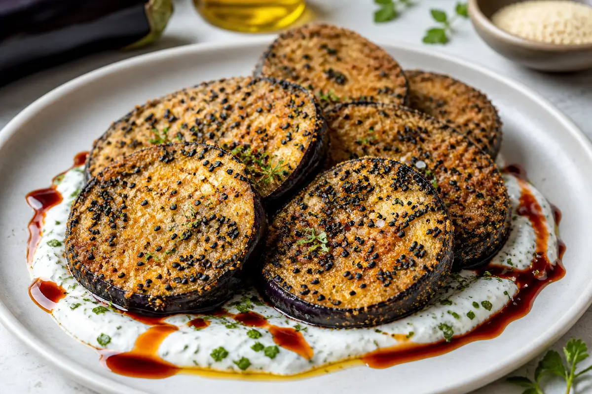 Medallones de berenjena en Air Fryer con costra de sésamo negro, yogur de hierbas y melaza de granada
