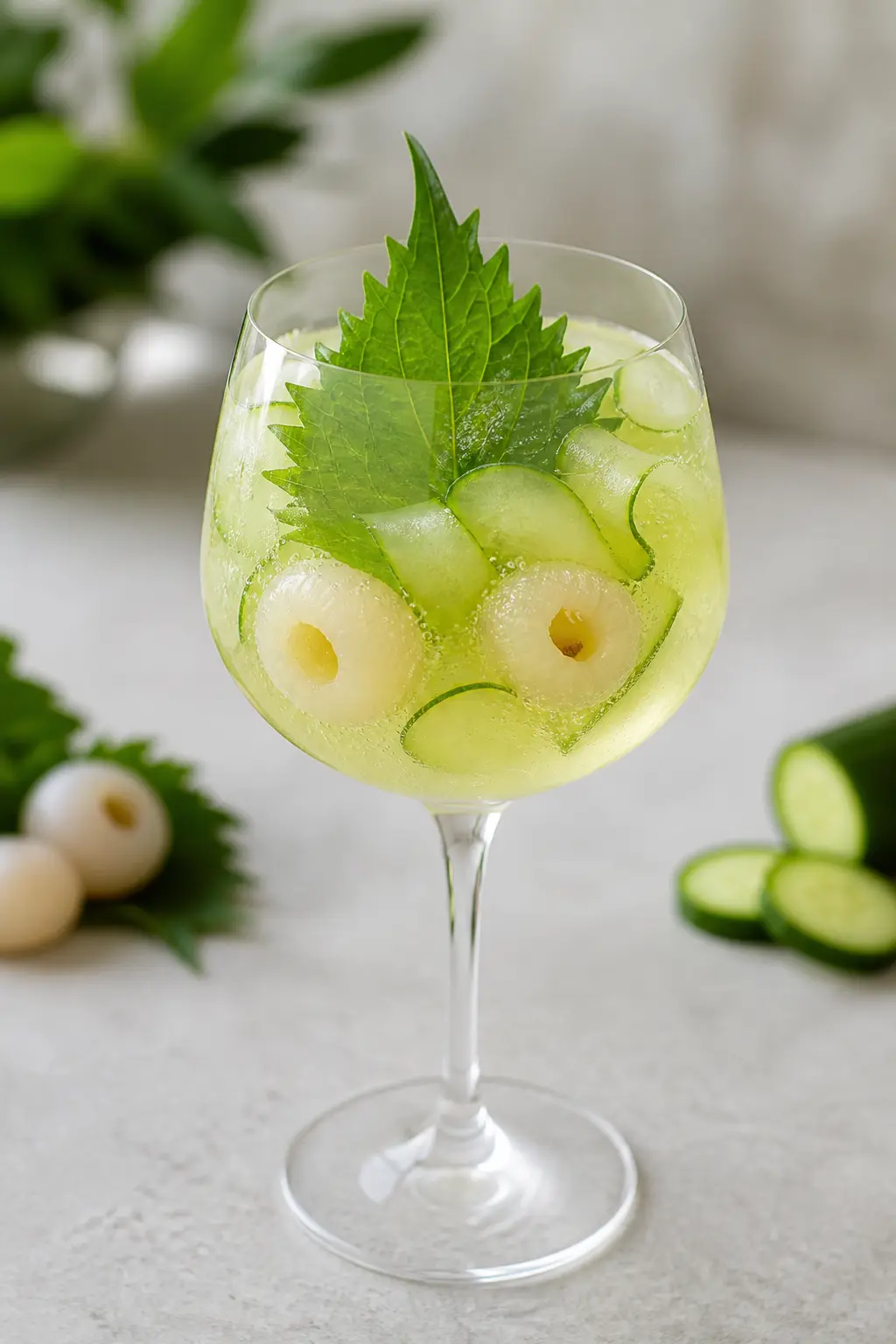 Chilled Lychee, Yuzu, Cucumber and Shiso Sparkler