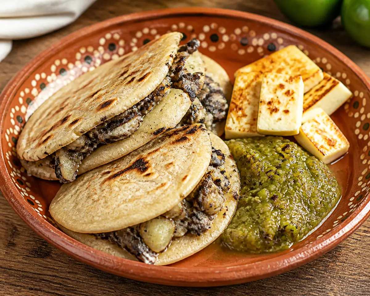Gorditas de papa y huitlacoche con salsa de tomatillo tatemado y queso panela dorado