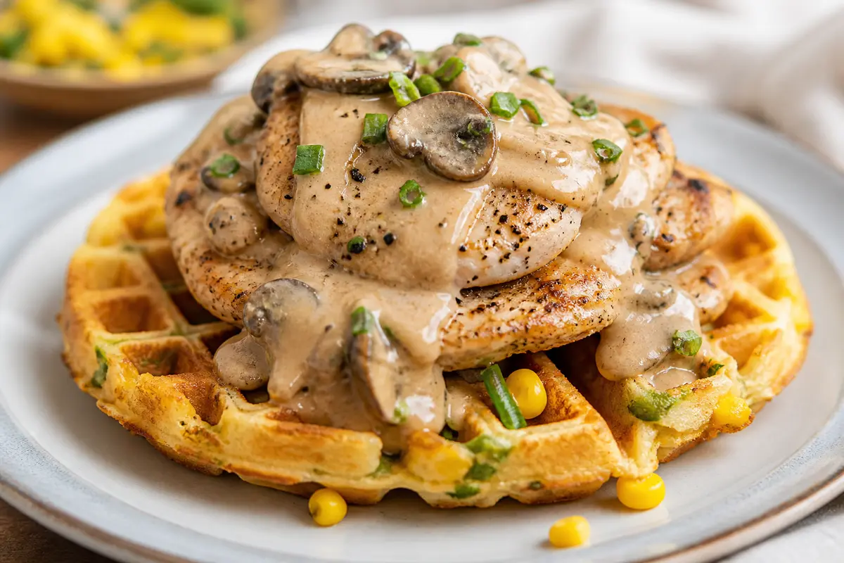 Pavo salteado con salsa cremosa de bourbon y champiñones, sobre waffles salados de maíz y cebollín