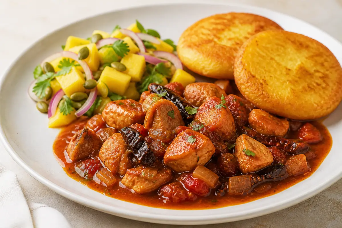 Pavo guisado al chile pasilla con pastelitos de yuca dorada y ensalada de mango con pepitas