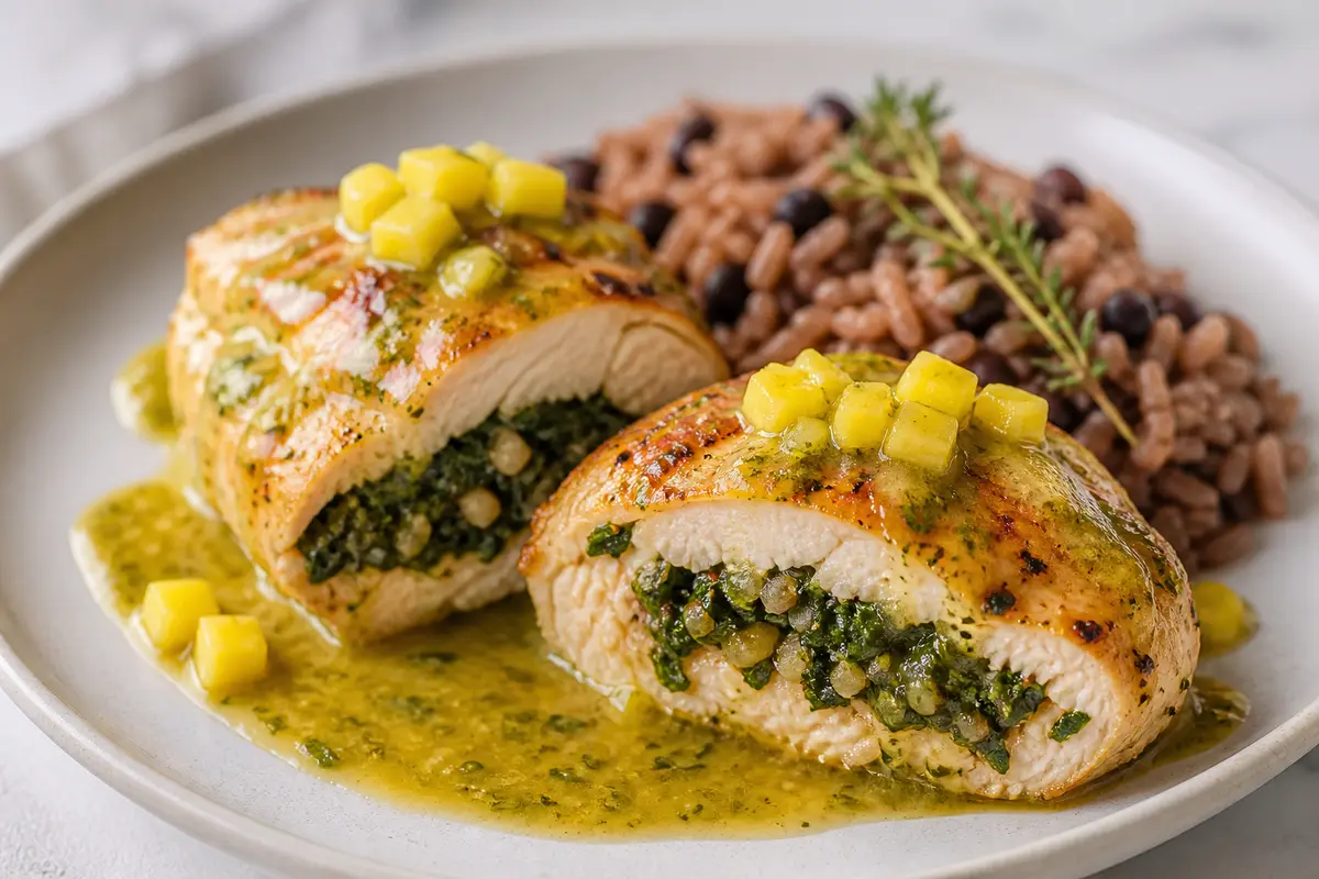 Pollo Caribeño Relleno de Hierbas con Salsa de Mango Verde y Arroz de Frijoles Negros al Tomillo