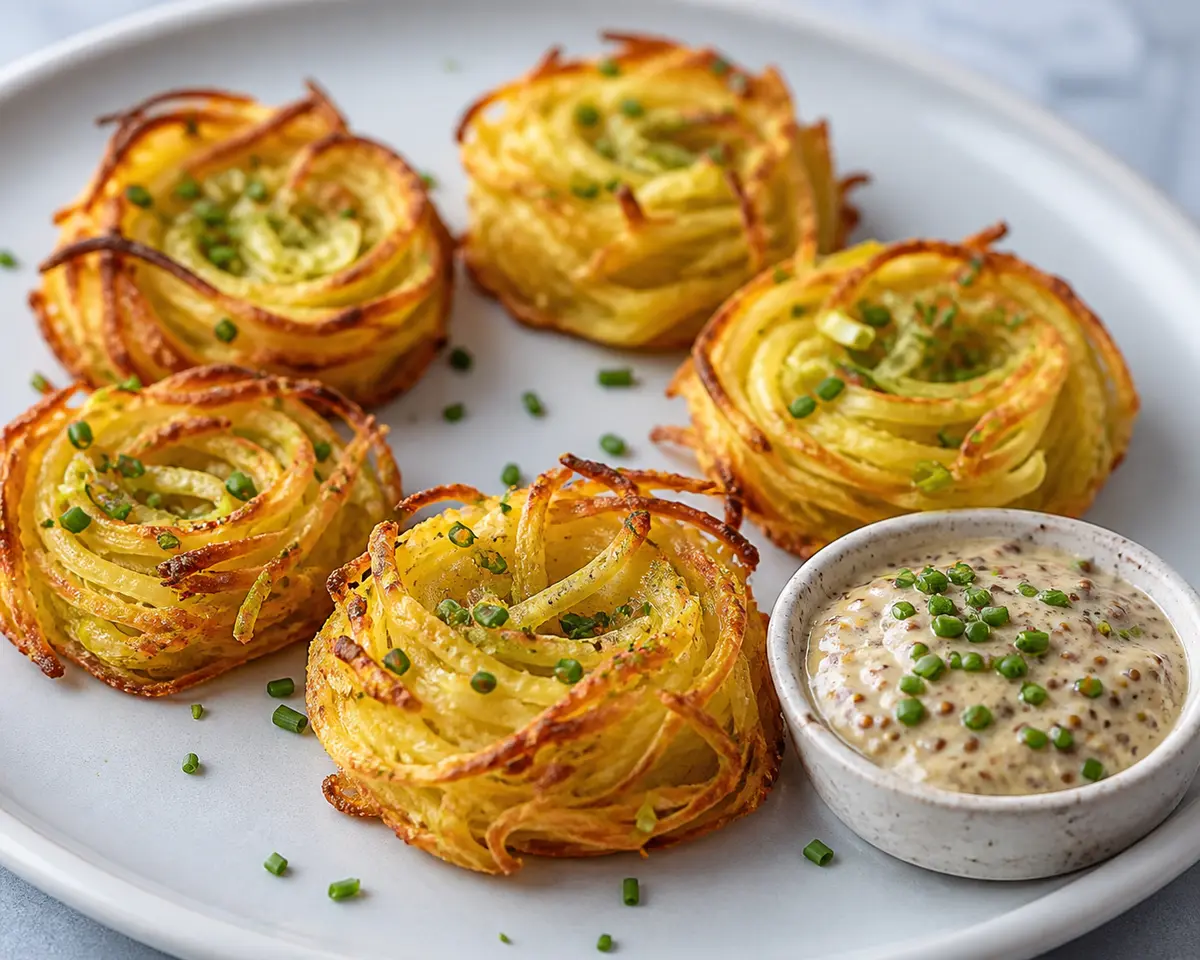 Rosetas crujientes de patata, puerro y gruyere con dip tibio de mostaza antigua y cebollino