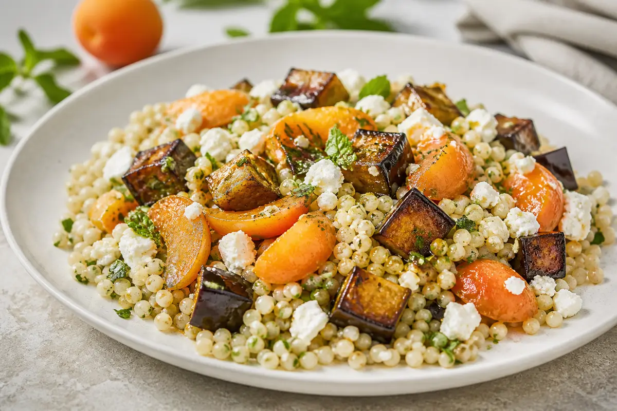 Ensalada tibia de cuscús perlado, berenjena glaseada al pimentón, albaricoques frescos y feta con vinagreta de limón y hierbabuena