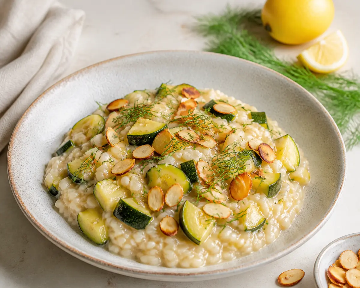 Creamy rice with braised zucchini, lemon, dill, and toasted almonds