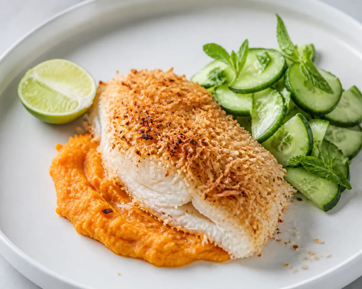 Baked Fish with Coconut-Lime Crust, Warm Sweet Potato Mash and Minted Cucumber