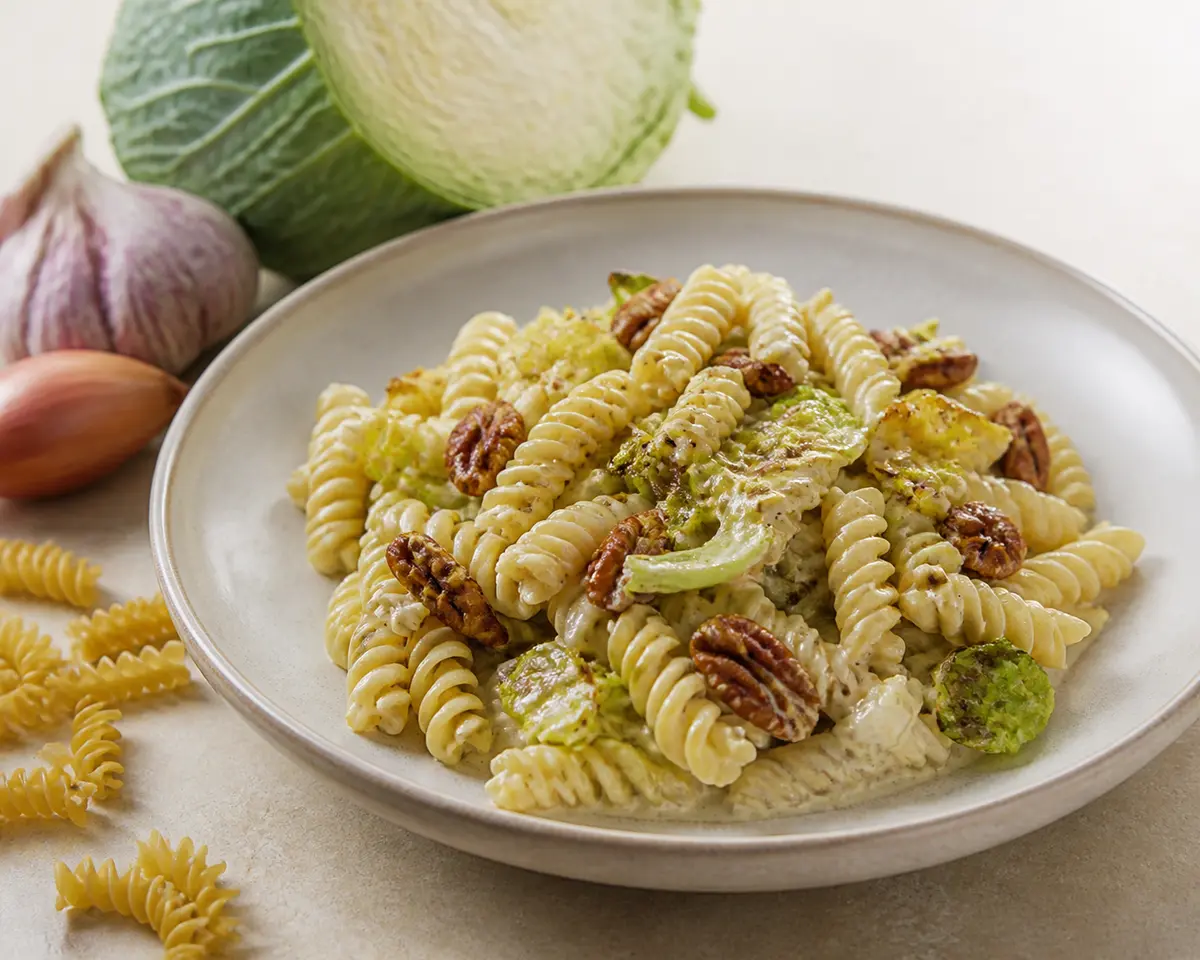 Creamy Fusilloni with Roasted Cabbage, Sweet Garlic and Aged Cheddar with Wholegrain Mustard and Pecans