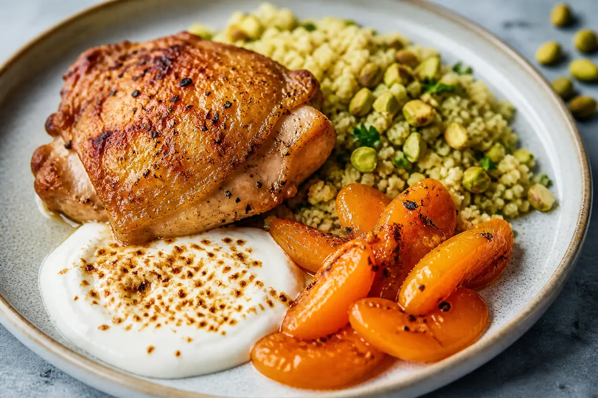 Oven-Baked Chicken with Toasted Yogurt Sauce, Spiced Apricots, and Pistachio Herb Couscous
