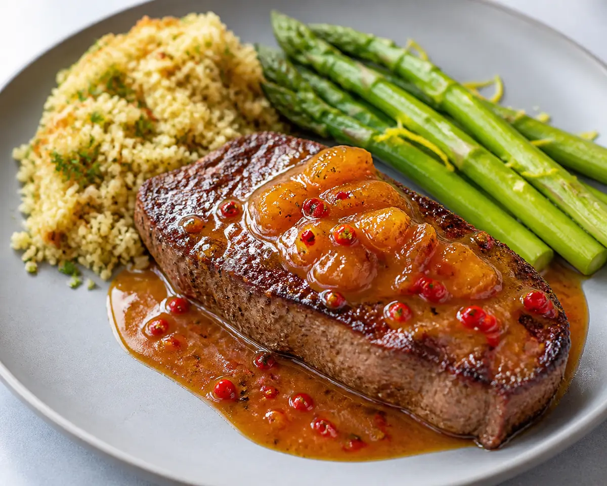 Bistec de Res con Salsa de Albaricoque y Pimienta Rosa, Cuscús Tostado con Hierbas y Espárragos al Limón