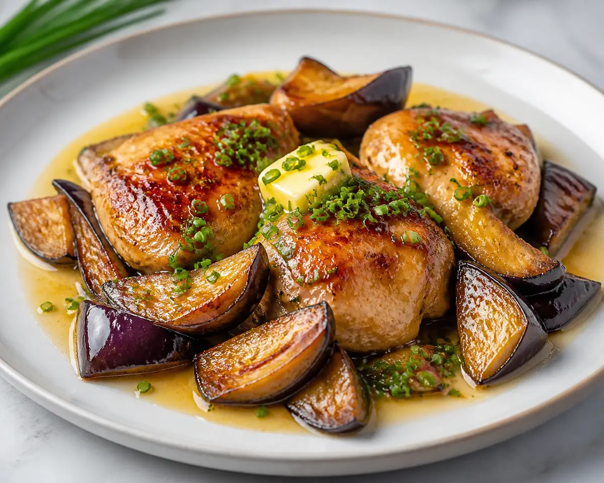 Keto Chicken in Buttery Miso Sauce with Roasted Eggplant and Chives